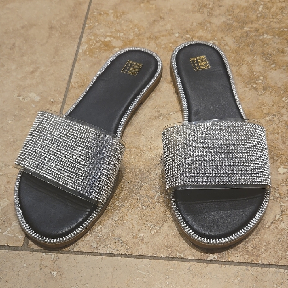 Elegant Silver Rhinestone Slide Sandals